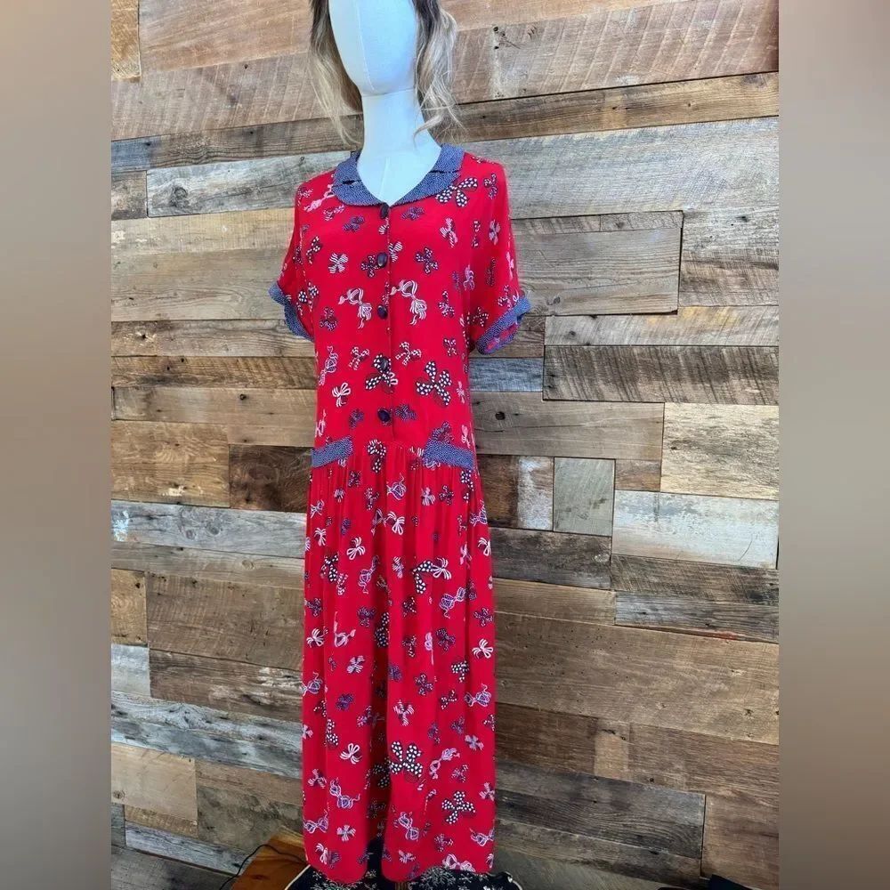 Susan Bristol Red Bow Print Drop Waist Maxi Dress Polka Dot Collar Size 10